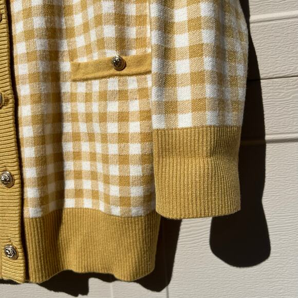 Joie Oversized Gingham Plaid Button Front Cardigan Yellow Mustard White Sz XL - Picture 7 of 12